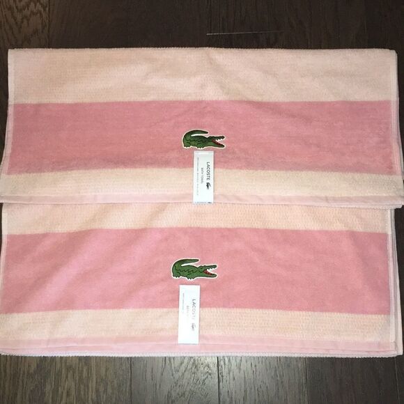 2 TWO-1 pair-Stripe New Lacoste Alligator Crocodile Bath Towel 2 tone Pink girls - Picture 1 of 4